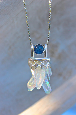 Angel Aura and Blue Kyanite OM pendant, sterling silver